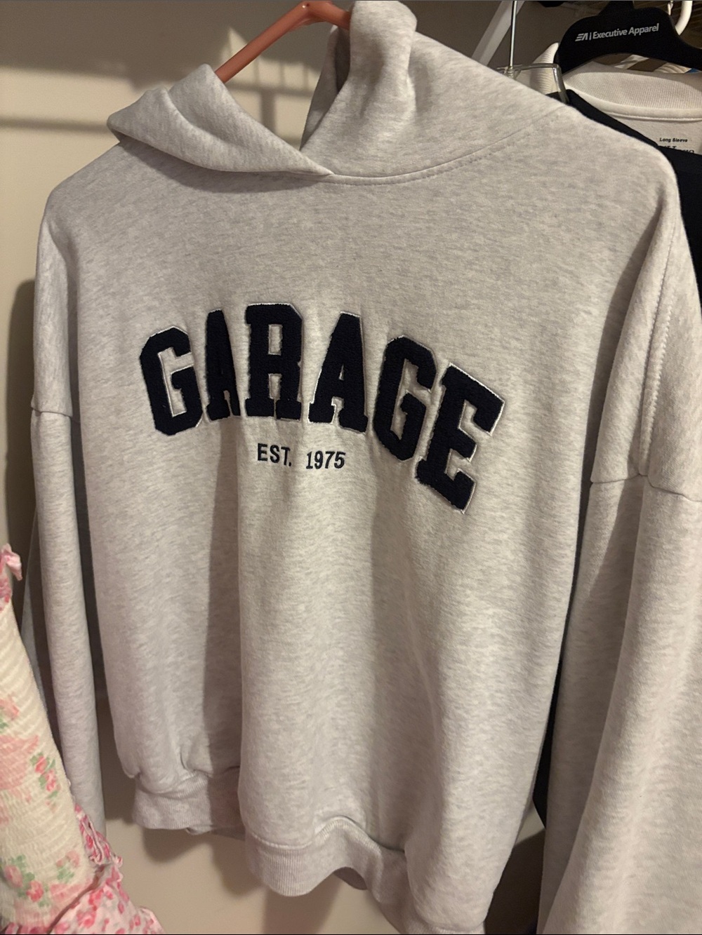 Garage women’s Light Gray Pullover Sweatshirt with Navy Chenille Logo